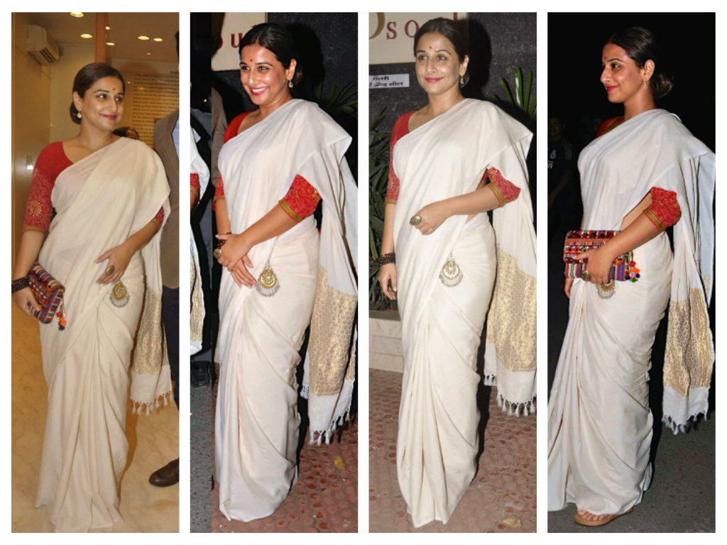 vidya balan in white silk sari