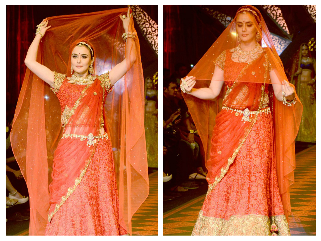 preety zinta in red lehenga embroidery blouse