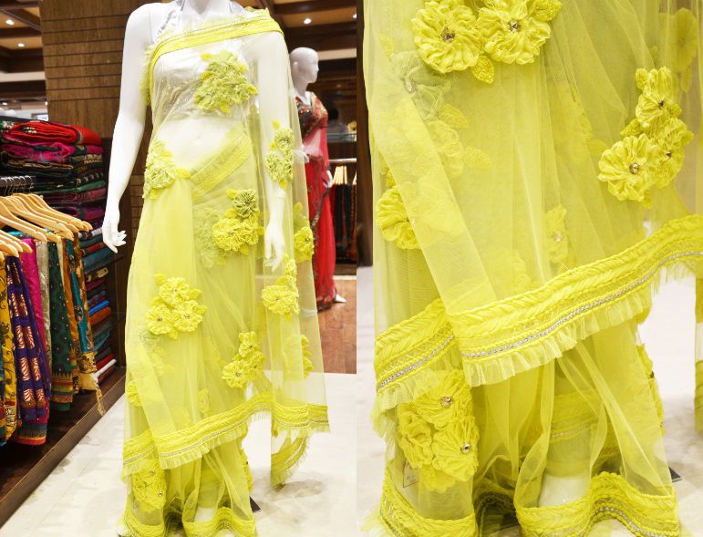 yellow netted sarees